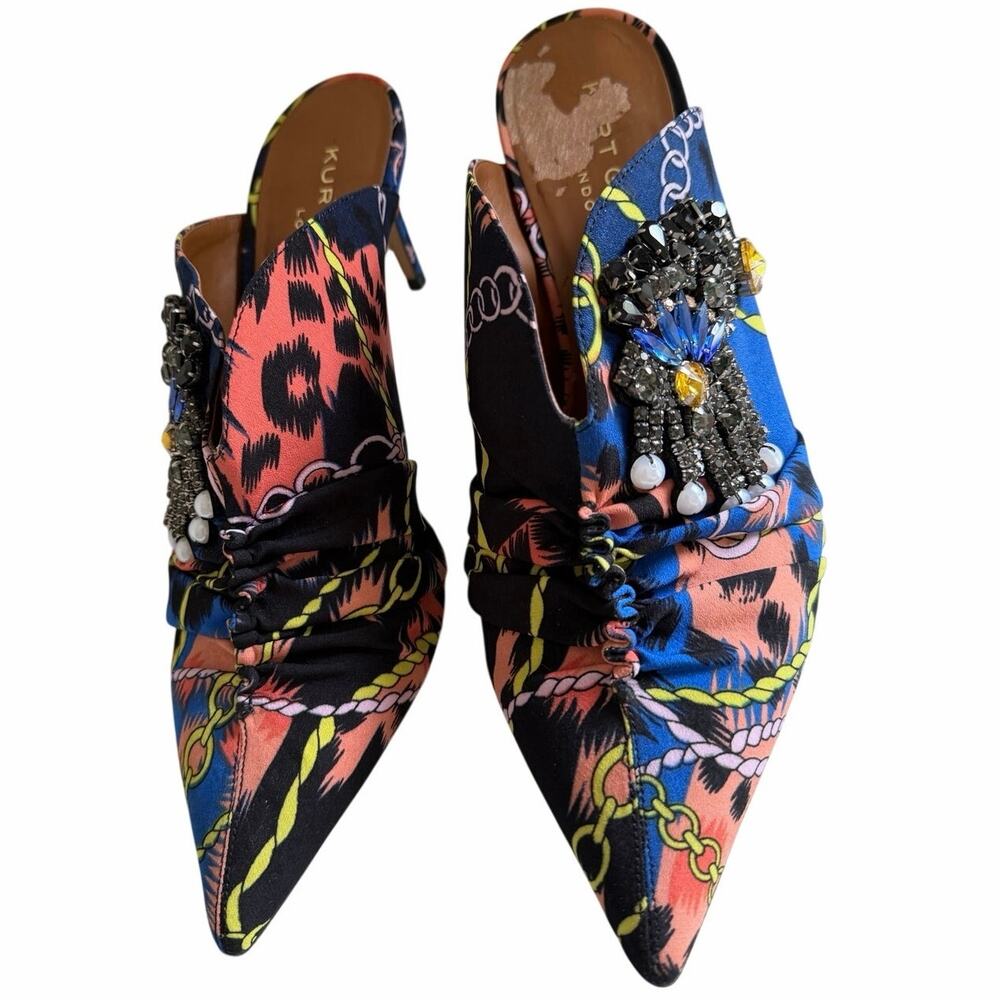 Kurt Geiger Satin Mules Heels Sz 39 US 8 Pointed Toe Statement Chain Print - Picture 3 of 10